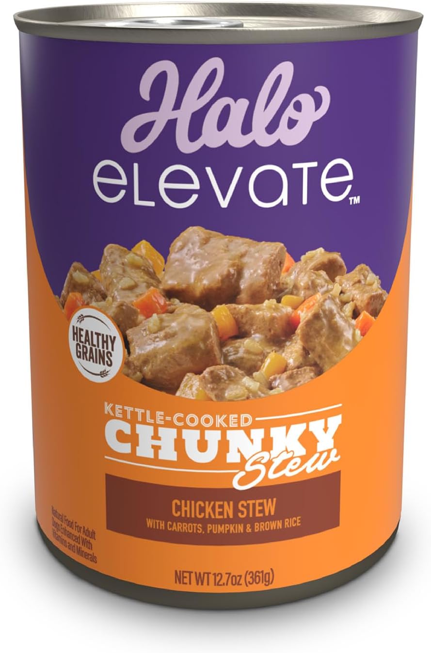 Halo Elevate Kettle Cooked Chunky Healthy Grains Chicken Stew with Carrots, Pumpkin & Brown Rice Wet Dog Food, 12.7-oz can, case of 12