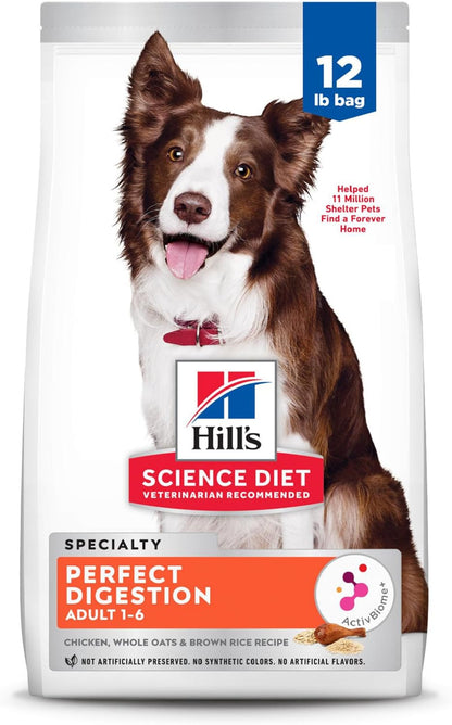 Hill's Science Diet Perfect Digestion, Adult 1-6, Digestive Support, Dry Dog Food, Chicken, Brown Rice, & Whole Oats, 12 lb Bag