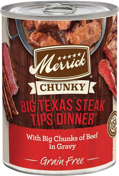 Merrick Chunky Grain-Free Wet Dog Food Big Texas Steak Tips Dinner 12.7oz pack of 12