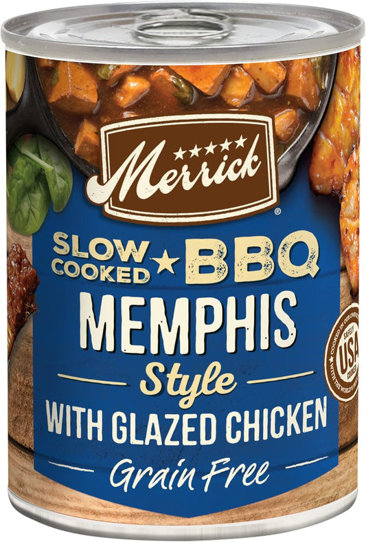 Merrick Grain-Free Wet Dog Food Slow-Cooked BBQ Memphis Style with Glazed Chicken 12.7oz can pack of 12