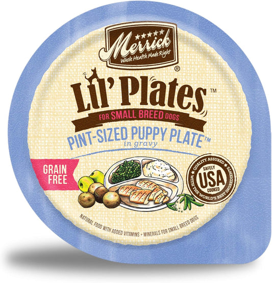 Merrick Lil’ Plates Grain Free Natural Wet Dog Food For Small Breed Puppies, Pint-Sized Puppy Plate In Gravy - (Pack of 12) 3.5 oz. Tubs