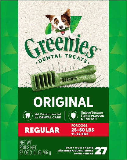 Greenies Original Regular Natural Dog Dental Care Chews Oral Health Dog Treats, 27 oz. Pack (27 Treats)