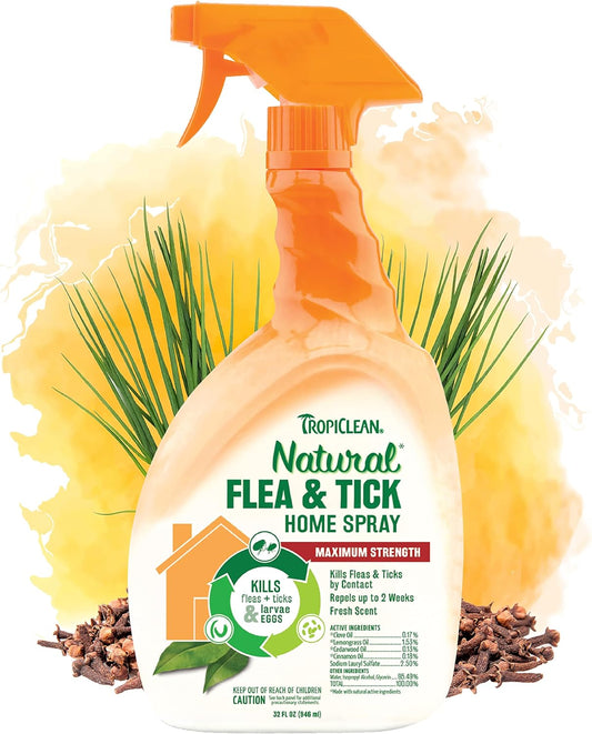 TropiClean Natural Flea and Tick Spray for Home | Maximum Strength Flea Spray for Carpet and Furniture Family-Friendly & Safe 32oz