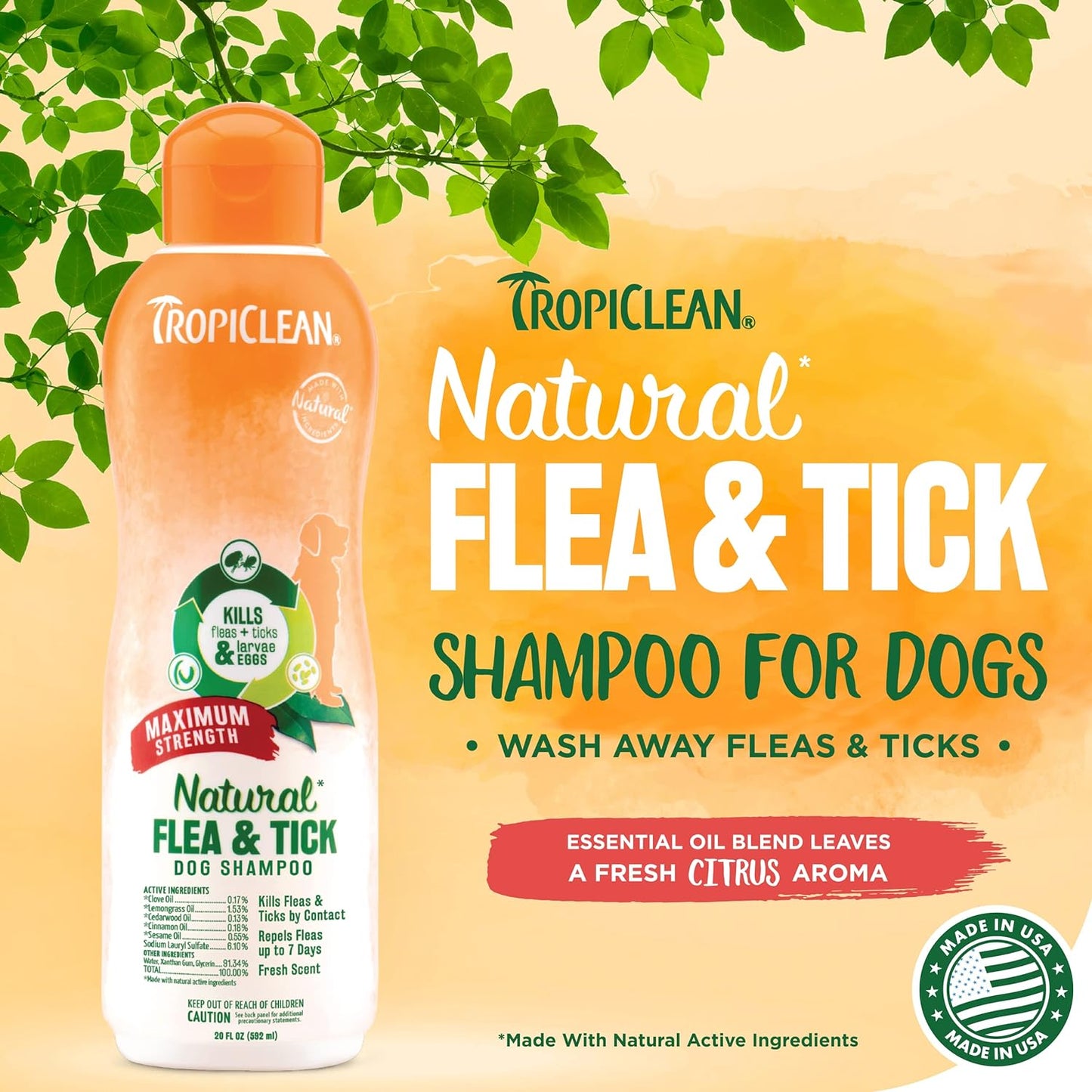 TropiClean Maximum Strength Natural Flea and Tick Dog Shampoo for Flea and Tick Prevention for Dogs 20 oz