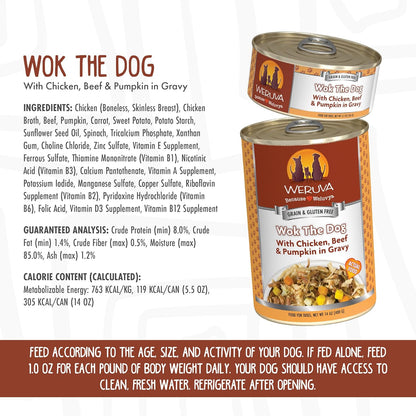 Weruva Wok the Dog with Chicken, Beef & Pumpkin in Gravy Grain-Free Canned Dog Food 14oz case of 12