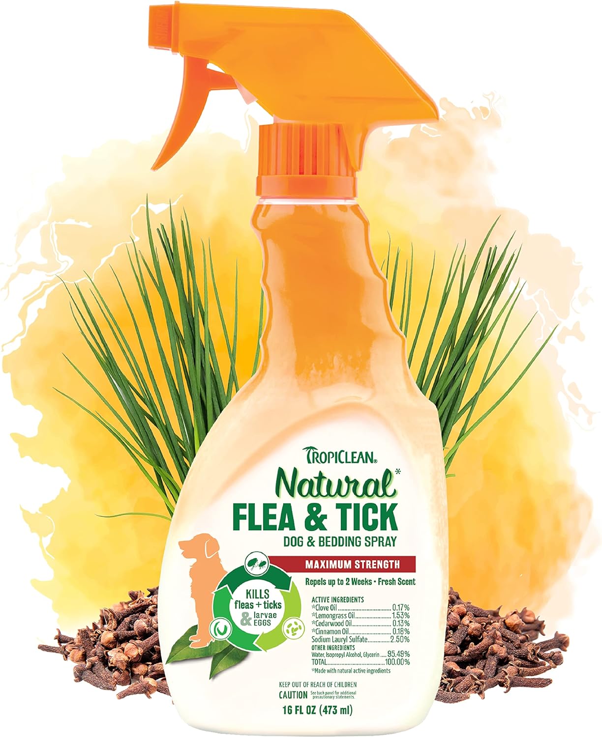 TropiClean Natural Flea and Tick Spray for Dogs & Bedding | Maximum Strength Flea Spray for Home | Family Friendly & Safe 16 oz.